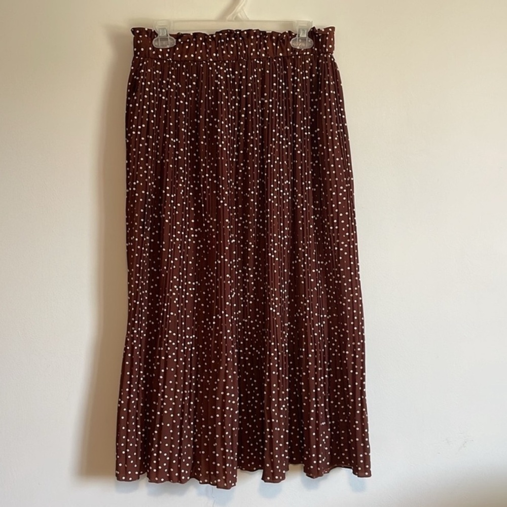 NWT Exlura Polka Dot Skirt LG Brown Midi  Spotted Accordion Retro Boho Natural